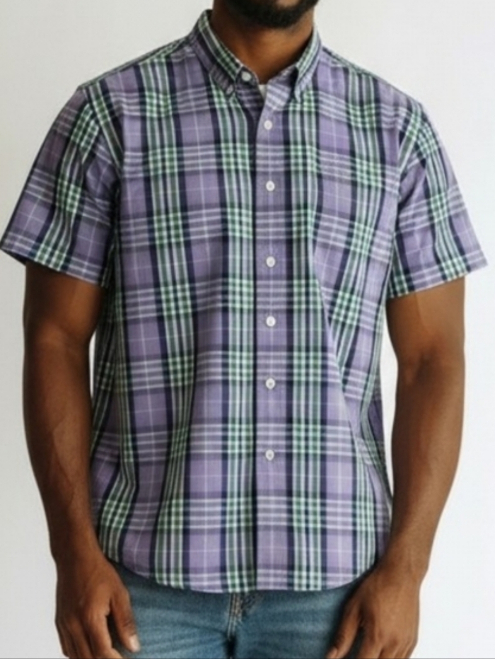 Izod Men's Purple and Green Plaid Button Down Short Sleeve No-iron Shirt L